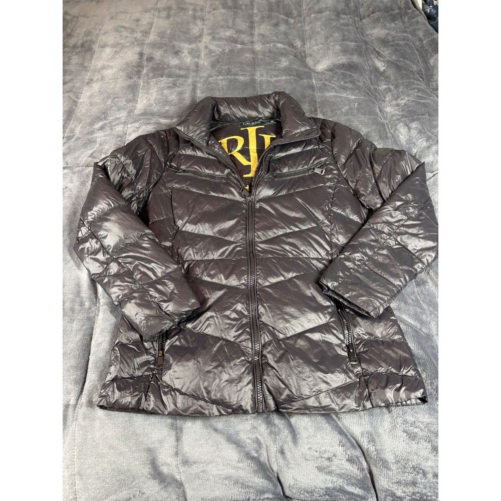 Lauren Ralph Lauren Puffer Jacket Metallic Black Chevron Quilted‎ Petite XS PXS